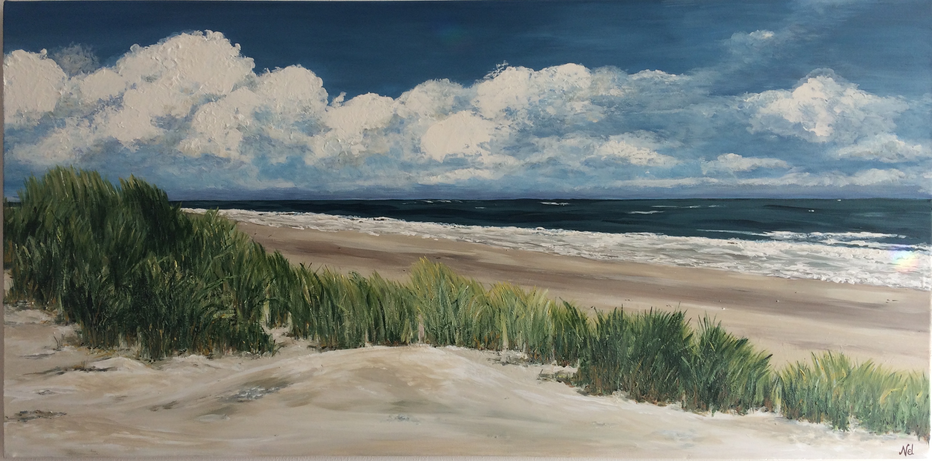 schilderij van een zeegezicht met zee, strand en duinen