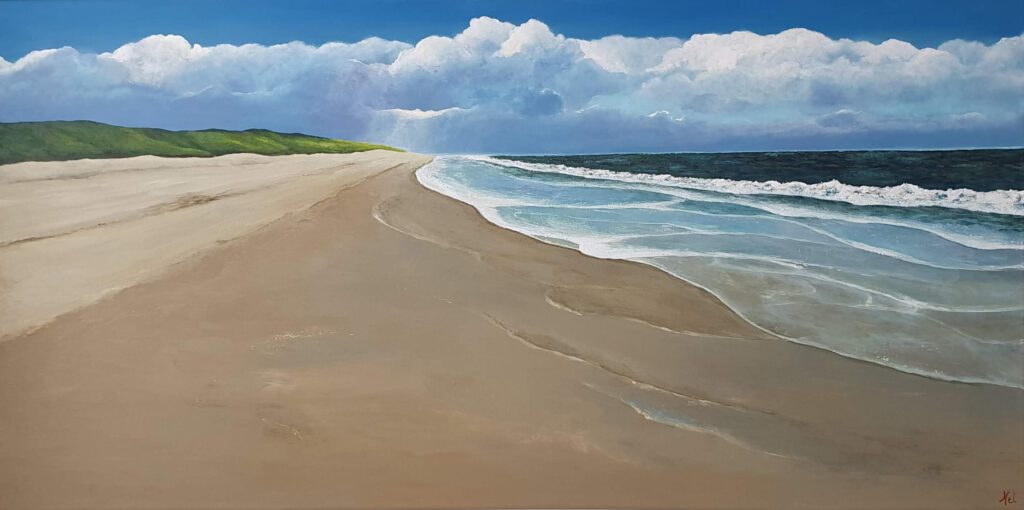schilderij van een zeegezicht met strand en duinen